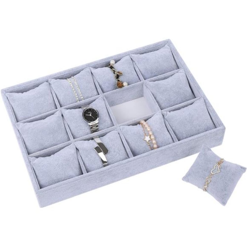 Watch Jewelry Tray Organizer Bracelet Display Showcase 12 Grid Pillows Tray